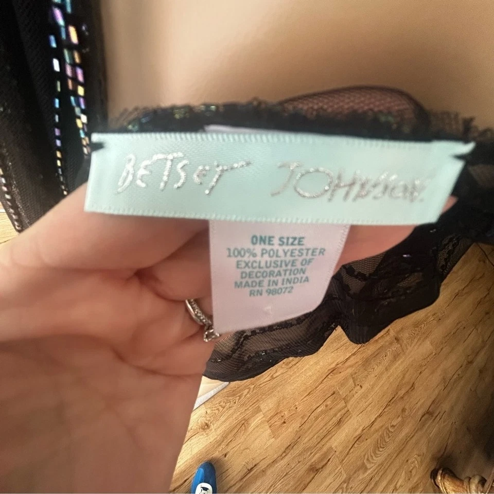 "Bufanda Betsey Johnson negra de malla con cuentas talla única 72""x23"" brillante Y2K glamour" Foto 2 de 4