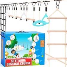 Ninja Warrior Obstacle Course for Kids – 2 x 50 ft Slacklines with 10 Weather...