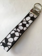 SOCCER KEY CHAIN WRISTLET, Ribbon Key Fob WRIST LANYARD Black Webbing