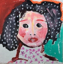 Outsider Art Woman Naive Portrait Painting Polka Dot Hair Miz Katie