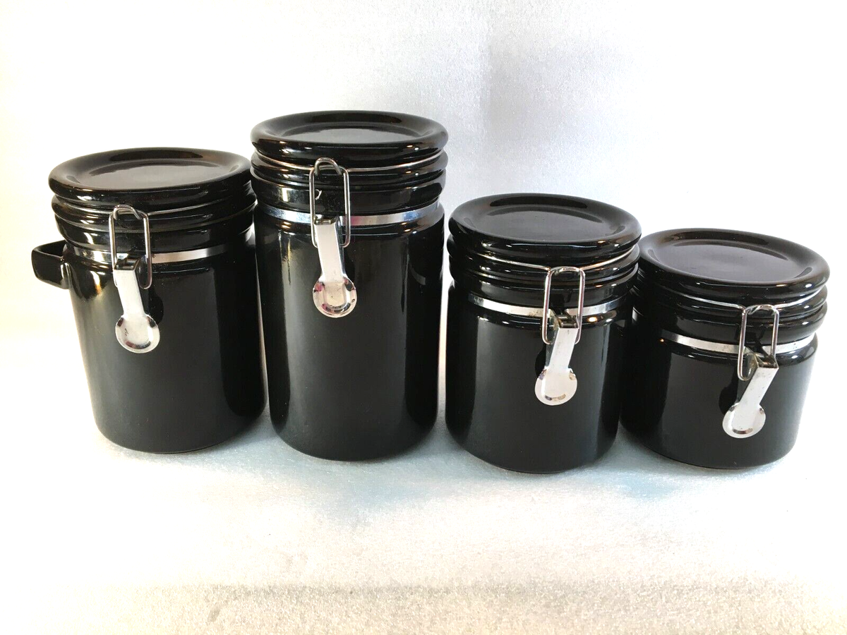 Alco Industries Black Ceramic 4 Piece Canaster Set Air Seal Clamp 