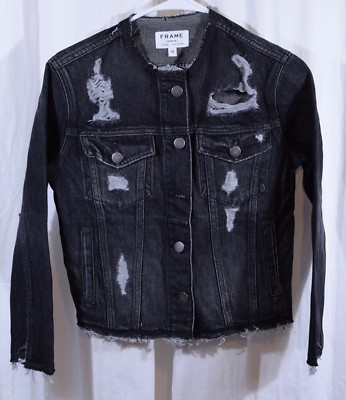 Frame Women's Destroyed Denim Jacket Grey Size XS