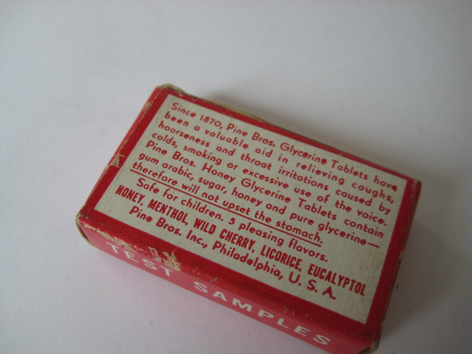 vintage Pine Bros Glycerine Tablets TEST SAMPLES BOX honey cough drops