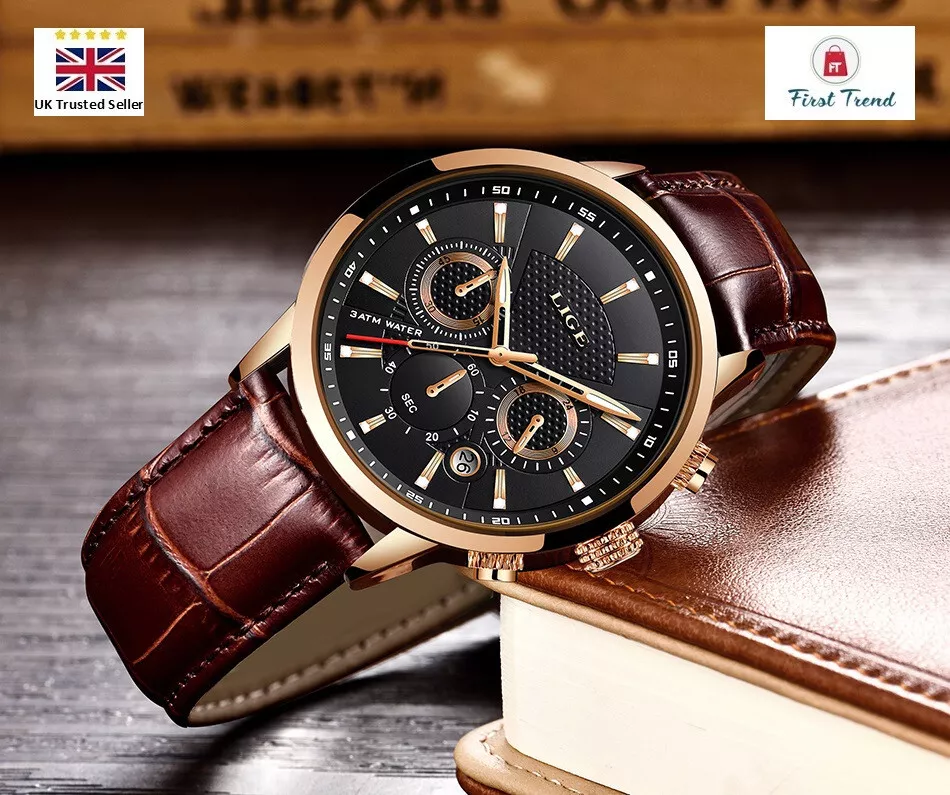 LIGE Rose Gold Black Men s Chronograph Date Luxury Swiss Style