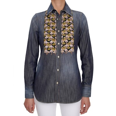 Dsquared2 Crystal Beaded Embroidered Denim Shirt Blouse Top Blue 07206