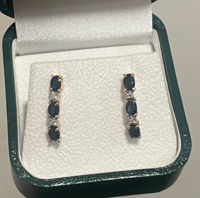 14k yellow gold blue sapphire earrings linear drop