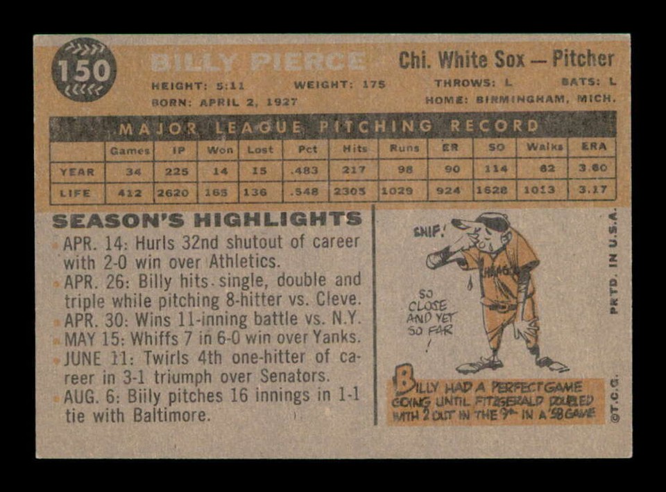 1960 Topps 150 Billy Pierce EXMT/EXMT+ X3248587 eBay