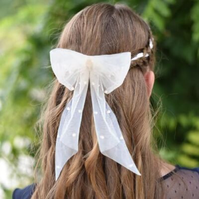 Bridal Hair Bow Veil Pearl Hair Bow Veil Clip White Hair Bow Bridal