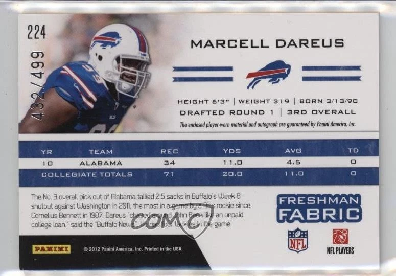 2011 Totally Certified Freshman Fabric Blue /499 Marcell Dareus Rookie Auto RC - Image 2 of 2