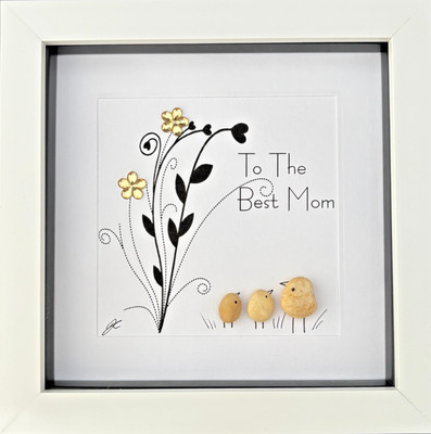 Mama Kiesel Kunst Bild Familie - Beste Mama - Vögel Gold Blumen weißer Rahmen Geschenk