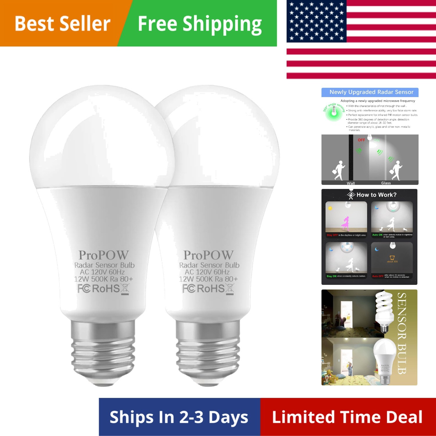 Radar Motion Sensor Light Bulbs, A19 12W 100 Watt Equivalent