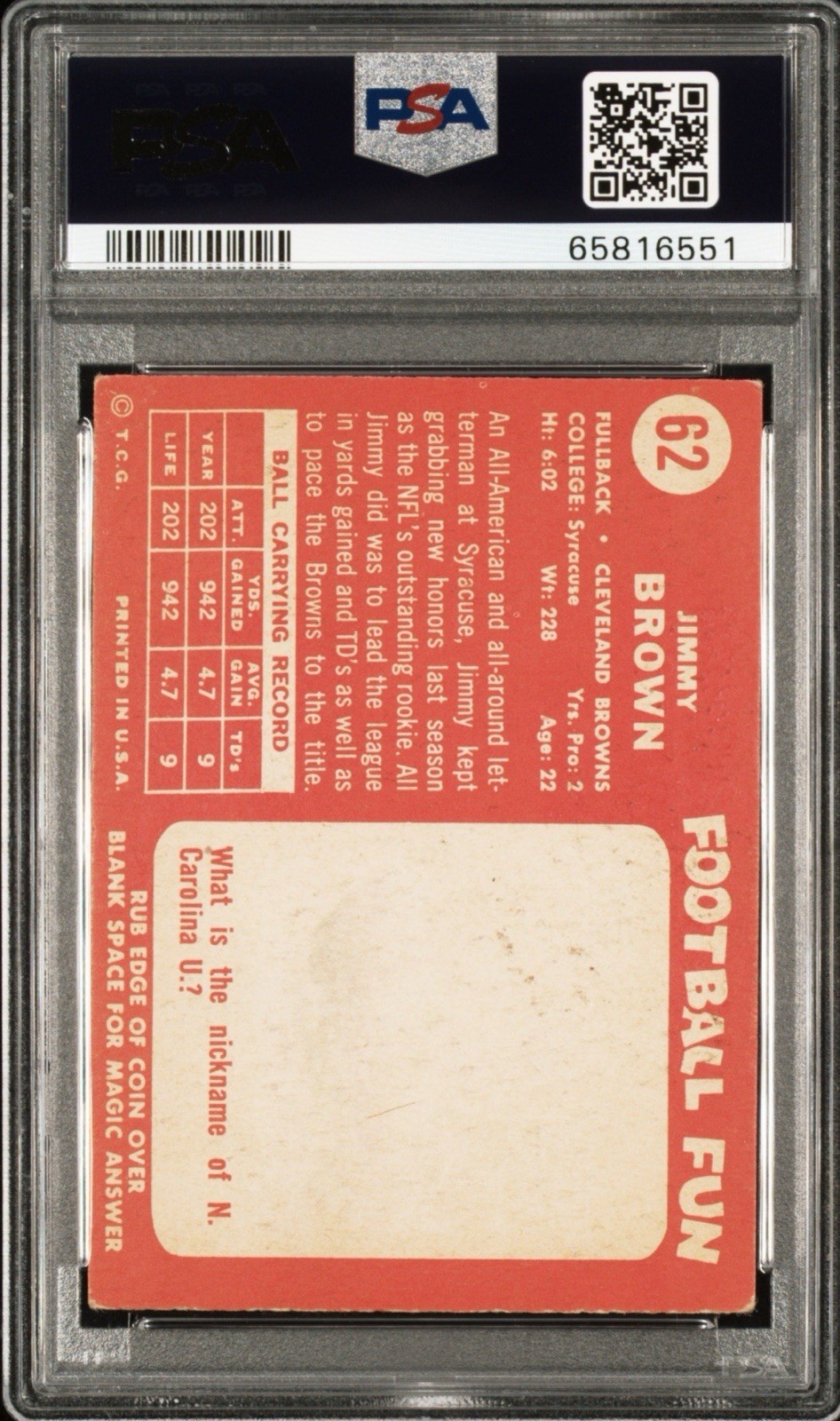 1958 Topps #62 Jim Brown HOF RC PSA 3 Well Centered With Eye Appeal!! view 2
