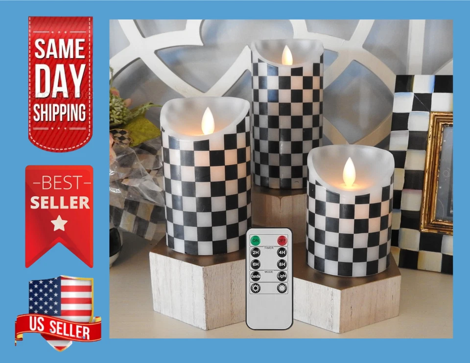 Flickering Flameless Blue and White Check  Wax Candle set with Remote / Timer - Image 2 of 4
