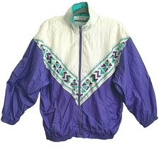Vtg 80s Women L Windbreaker Track Jacket Lined Purple Teal Retro Swifty Boho