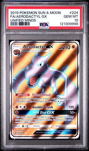 POKEMON UNIFIED MINDS AERODACTYL GX #224 PSA 10 GEM MINT #121309998