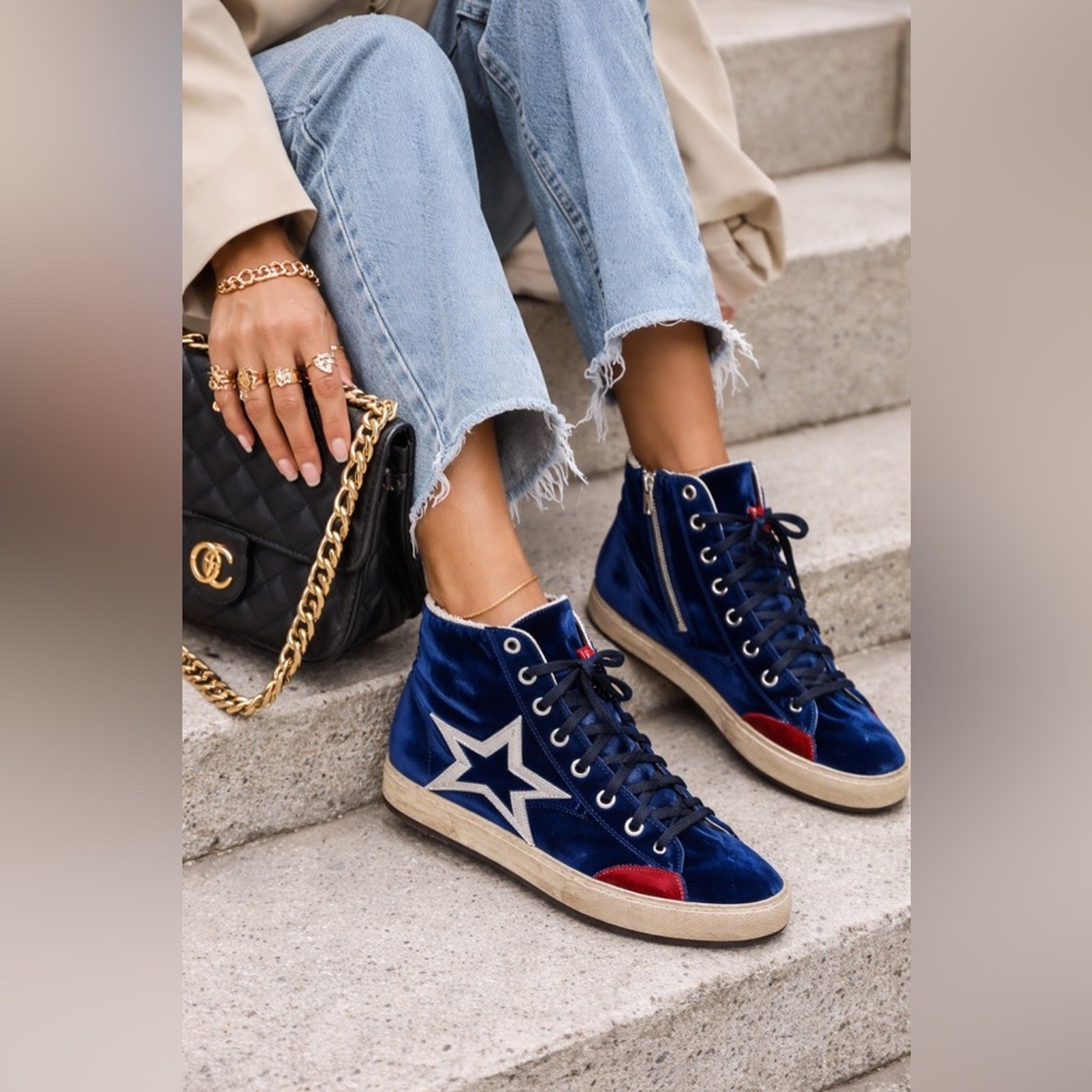 Ishikawa Blue Velvet High Top Sneakers Women's 8.5(39) Star Lace ...