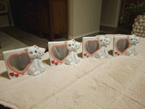 Vintage 1980s White Ceramic Kitty Cat Photo Holders Set Of 4 