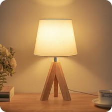 Small Tripod Table Lamp Modern Nightstand Lamp W/ Fabric Shade Boho Bedside Wood