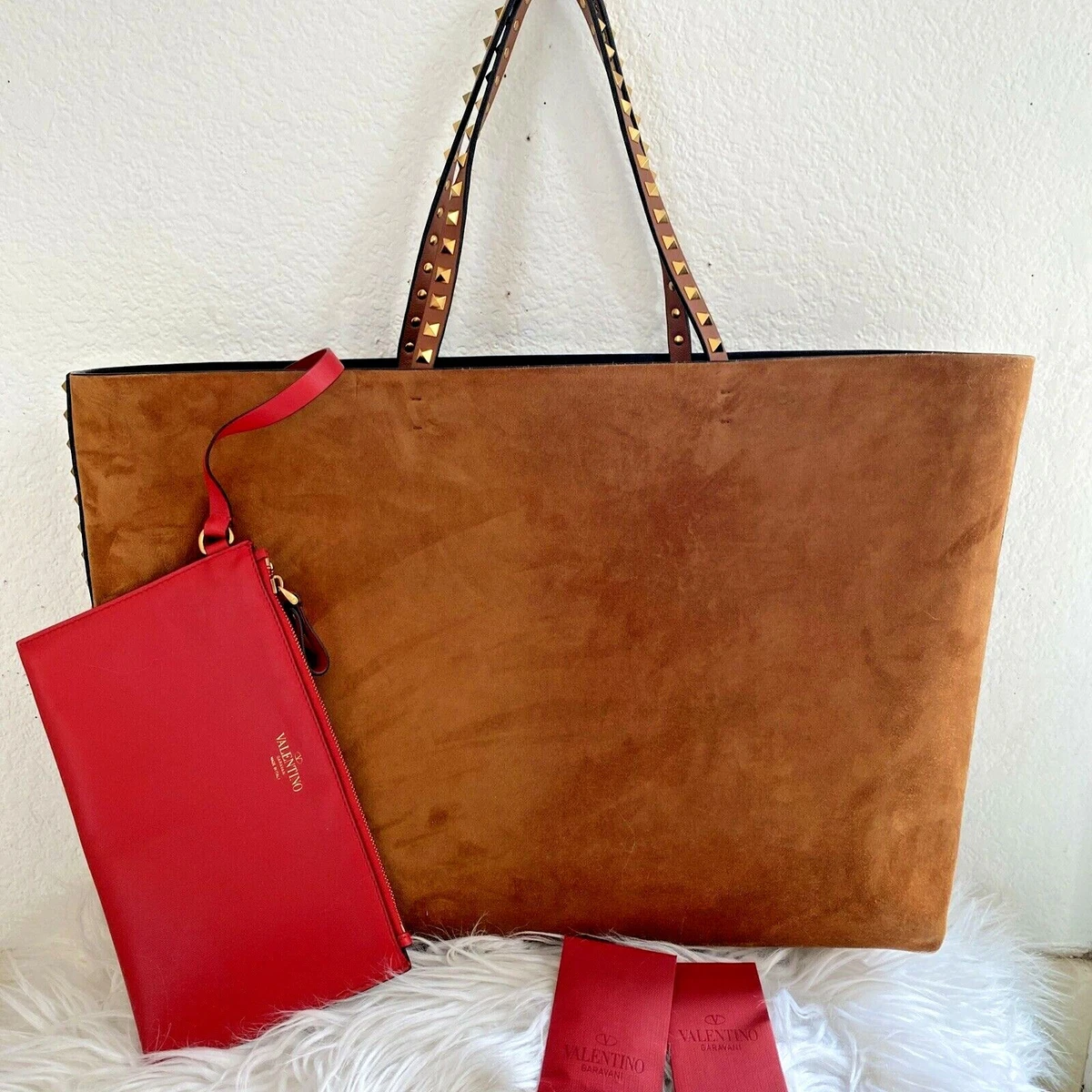 Valentino Red Calfskin Leather Rockstud Double Handle Tote Bag