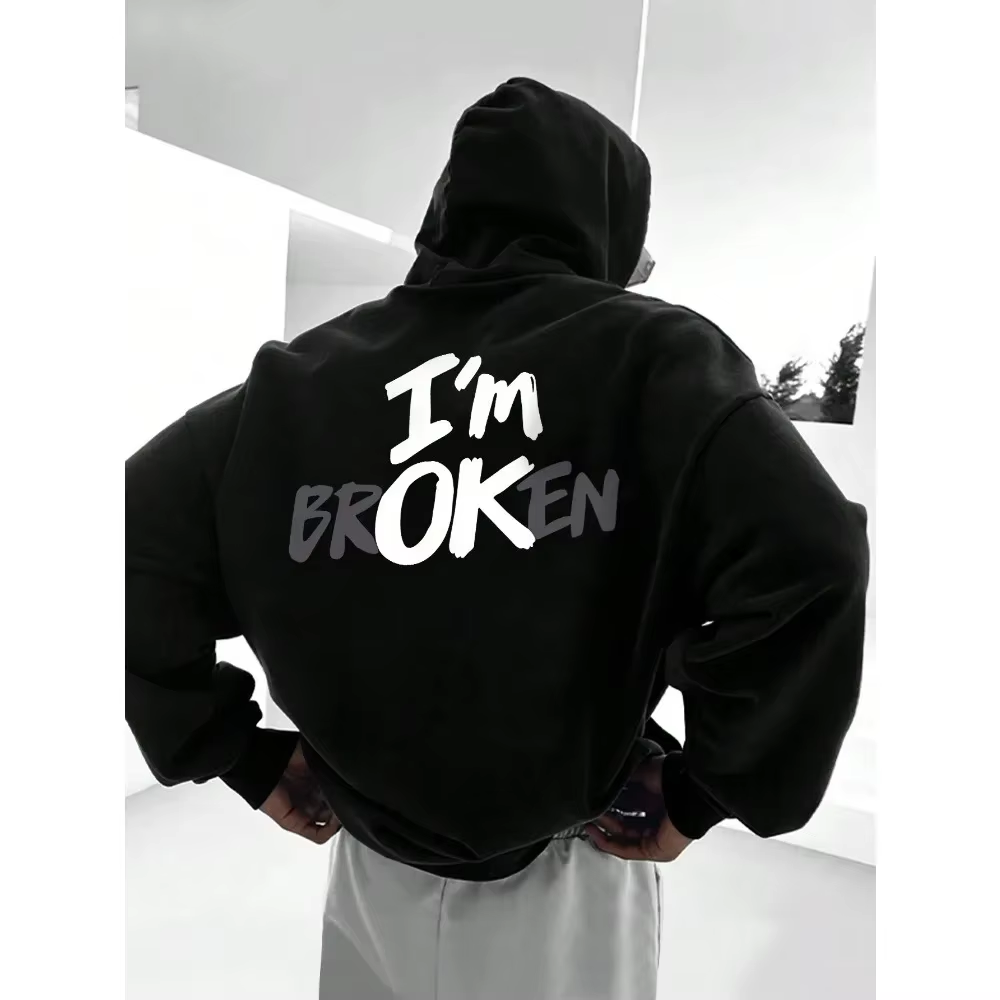 OK BROKEN Oversized Men Black Hoodie Cotton Streetwear Pullover Sizes S to XXXL