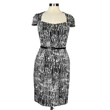 David Meister Womens Black White Graphic Sheath Dress Belted Cap Sleeves size 8