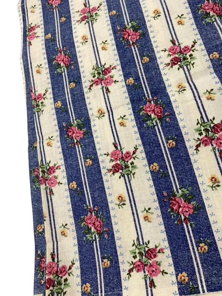 Vintage Marcus Brothers Fabric 2 Yds Blue White Floral Stripe Pink Yellow Roses - Image 2 of 4