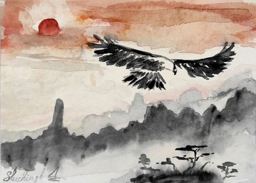 Eagle Painting ACEO Watercolor Original Art Sun Artwork Landscape Wall Art
