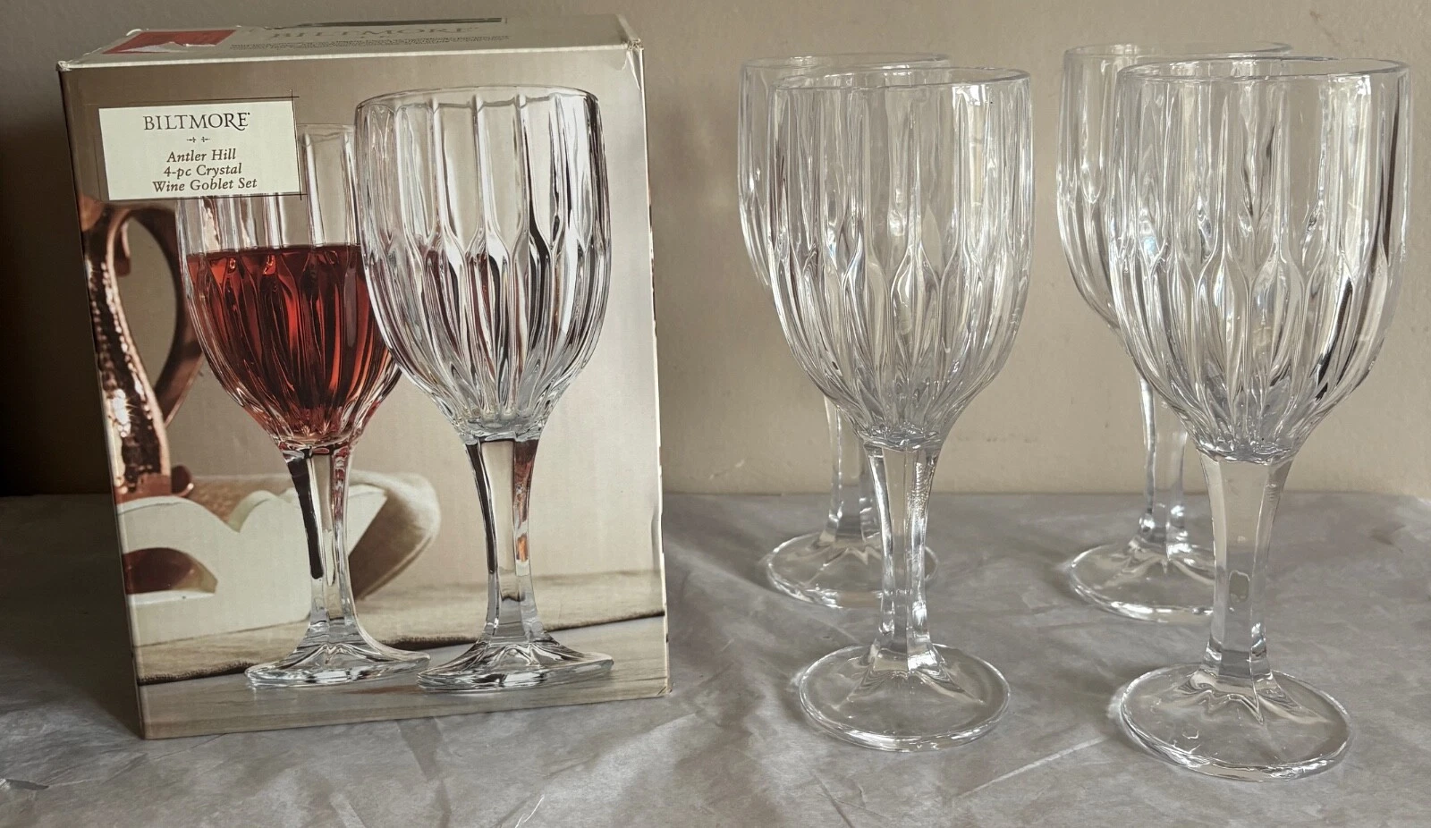 Biltmore Estate Antler Hill 4 PIece Crystal 11 oz Wine Goblet Set 8"