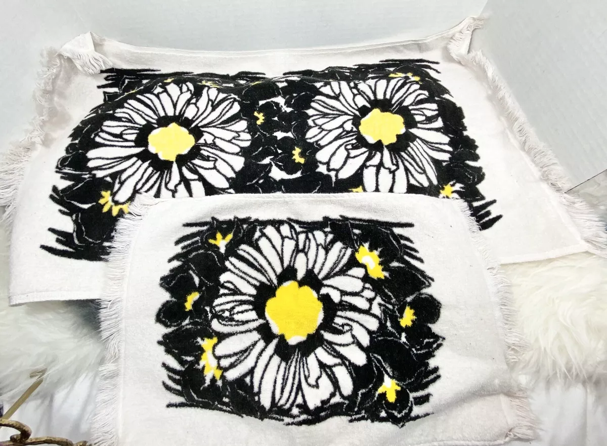 Vintage Fieldcrest Bath Towels Yellow Black Fringe Retro Mid Century Floral  Set