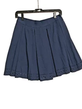 MaxStudio Navy Pleated Skirt Elastic Waist Eyelid bottom Slit Side Pockets Sz S