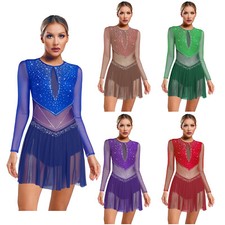 Women Dress Round Neck Dresses Color Block Dancewear Professional Dance Shiny