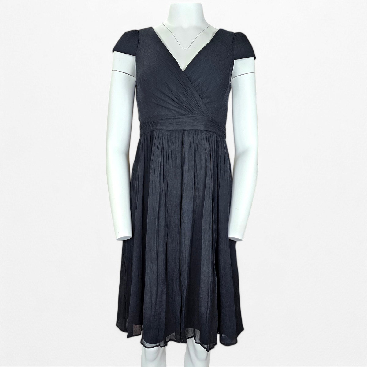 J Crew Black Dress Silk Chiffon Size 6 LBD Faux Wrap V Neck Midi Side Zip