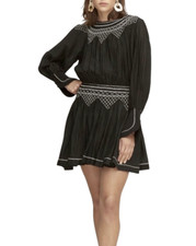 Lover Black Cotton Silk Contrast Stitch Mini Dress Size 10 Gathered Long Sleeve