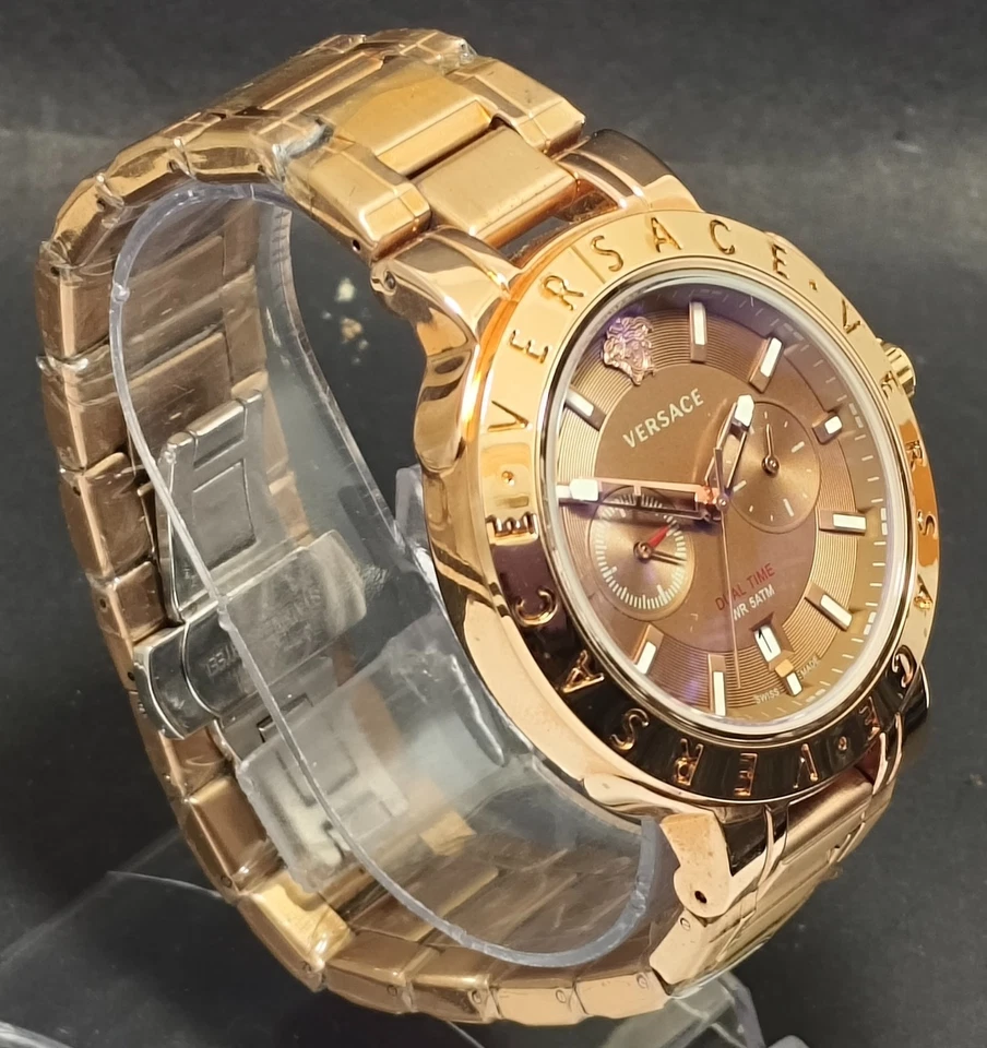 Luxury Versace Chronograph Men Brown Dial Stainless Steel Band Quartz Wristwatch - image 2 of 4