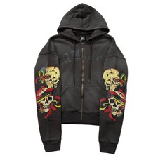 ED HARDY Skulls CHARCOAL SUNFADED BOXY ZIP UP HOODIE