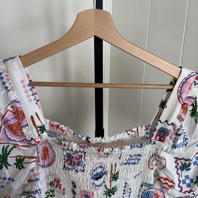 MONTEAU Los Angeles NWT Tropical Linen Blend Smocked Crop Top Sqaure Neck XL