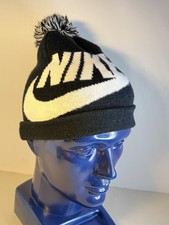 Nike Beanie Hat Youth One Size Black White Pom Knit Winter Swoosh Logo Cuff