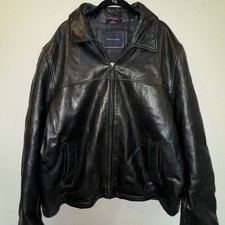 Vtg Y2K Leather Jacket TOMMY HILFIGER Men Black XL Motorcycle Bomber Full Zip
