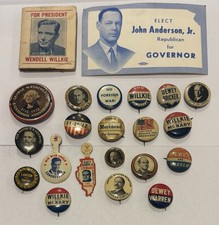22 Early Political Related Pinback Buttons, Cards, Etc Willkie, Curtis, Bryan