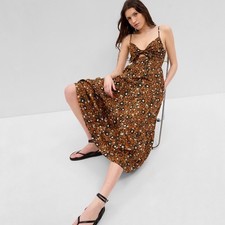 GAP Floral Print Tie Front Cutout  Maxi Dress Women's Size M Brown Boho Tiered