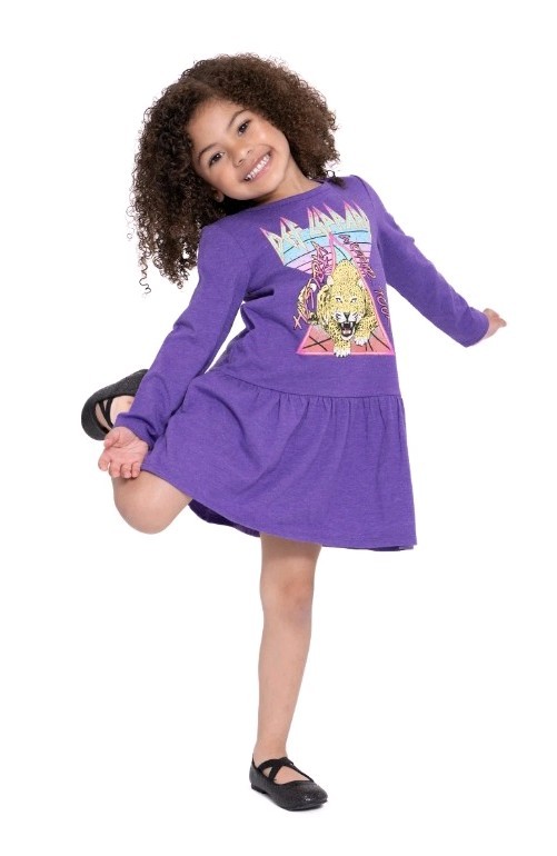 Def Leppard Toddler Girls Print Drop Waist Purple Dress, Long Sleeves, Size 18M