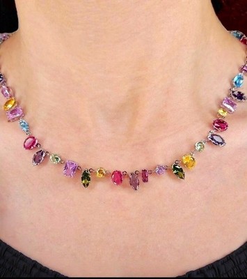 Multikolor Bunte Kristall Schmuckset Edelstahl Halskette Armband CZ Edelstein