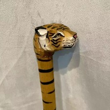 Vintage Wooden Tiger Head Cane Walking Stick Animal Carved Wood Hand Painted 36"