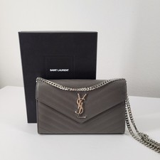 Saint Laurent Crossbody Bag Large Wallet on Chain Grained Leather Gray Cassandre
