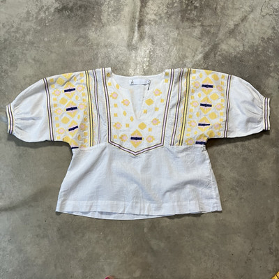ZK Shirt Womens Size 2 Ablaze Chalk Yellow Pink Blue Boho Ramie Chic