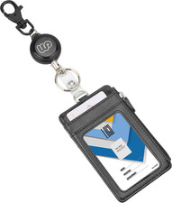 ID Badge Holder with Retractable Reel Keychain - Black, Vertical  PU
