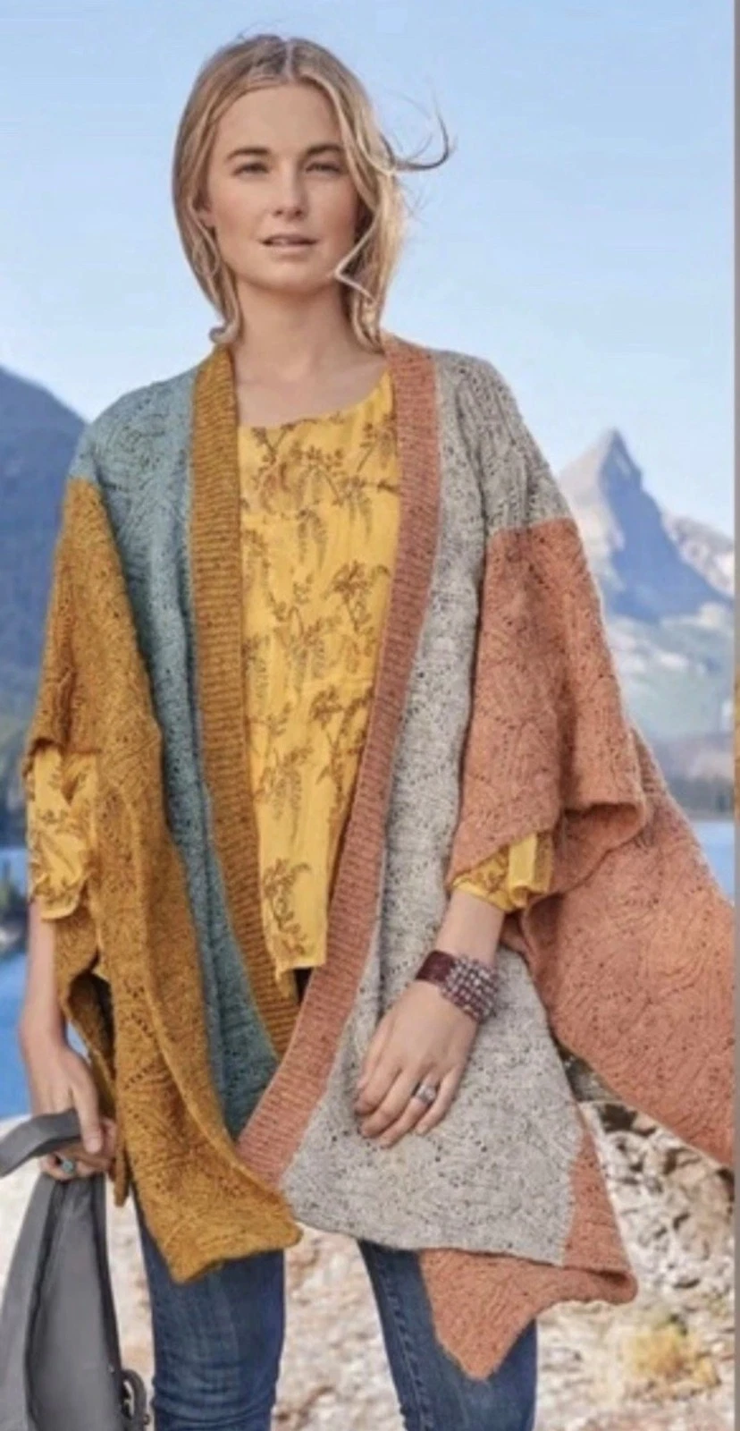 Sundance Knit Ruana Wrap Poncho Womens M-L Multicolor Colorblock Open Lagenlook
