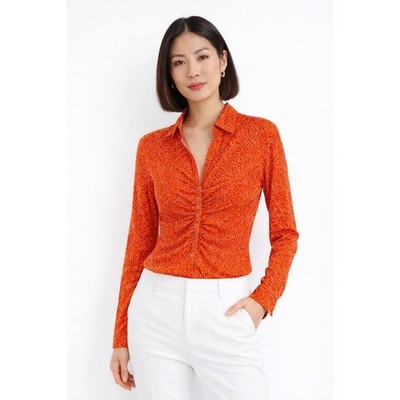 New York & Co Orange Dotted Swirl Ruched Button Front Blouse S Preppy Chic 90-37