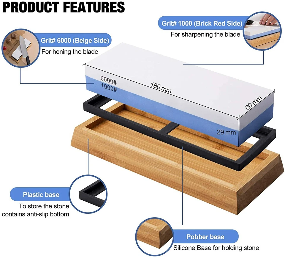 Piedra de afilar doble piedra de afilar grano 1000/6000 - con base de bambú y guía de ángulo Foto 4 de 4