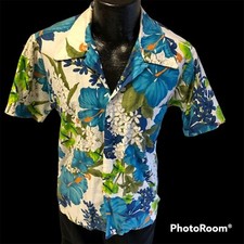 Vtg 70's Paradise Hawaii Blue FLORAL Hibiscus HAWAIIAN LOOP COLLAR Aloha Shirt L